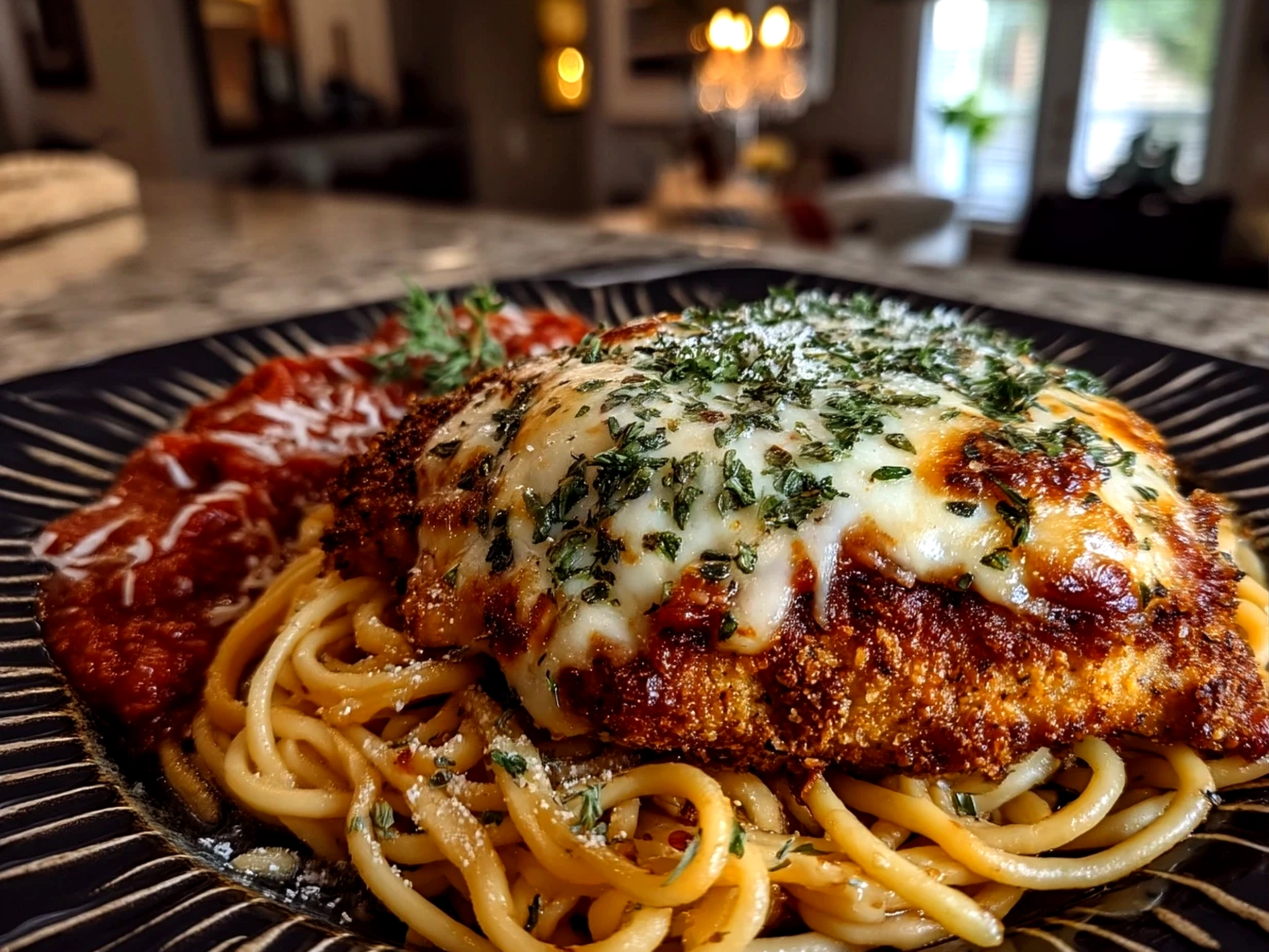 Plate of cooked chicken parmesan served with salad