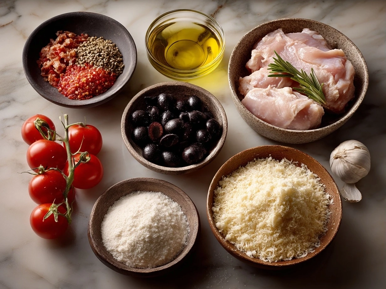Ingredients for chicken parmesan laid out on a kitchen counter