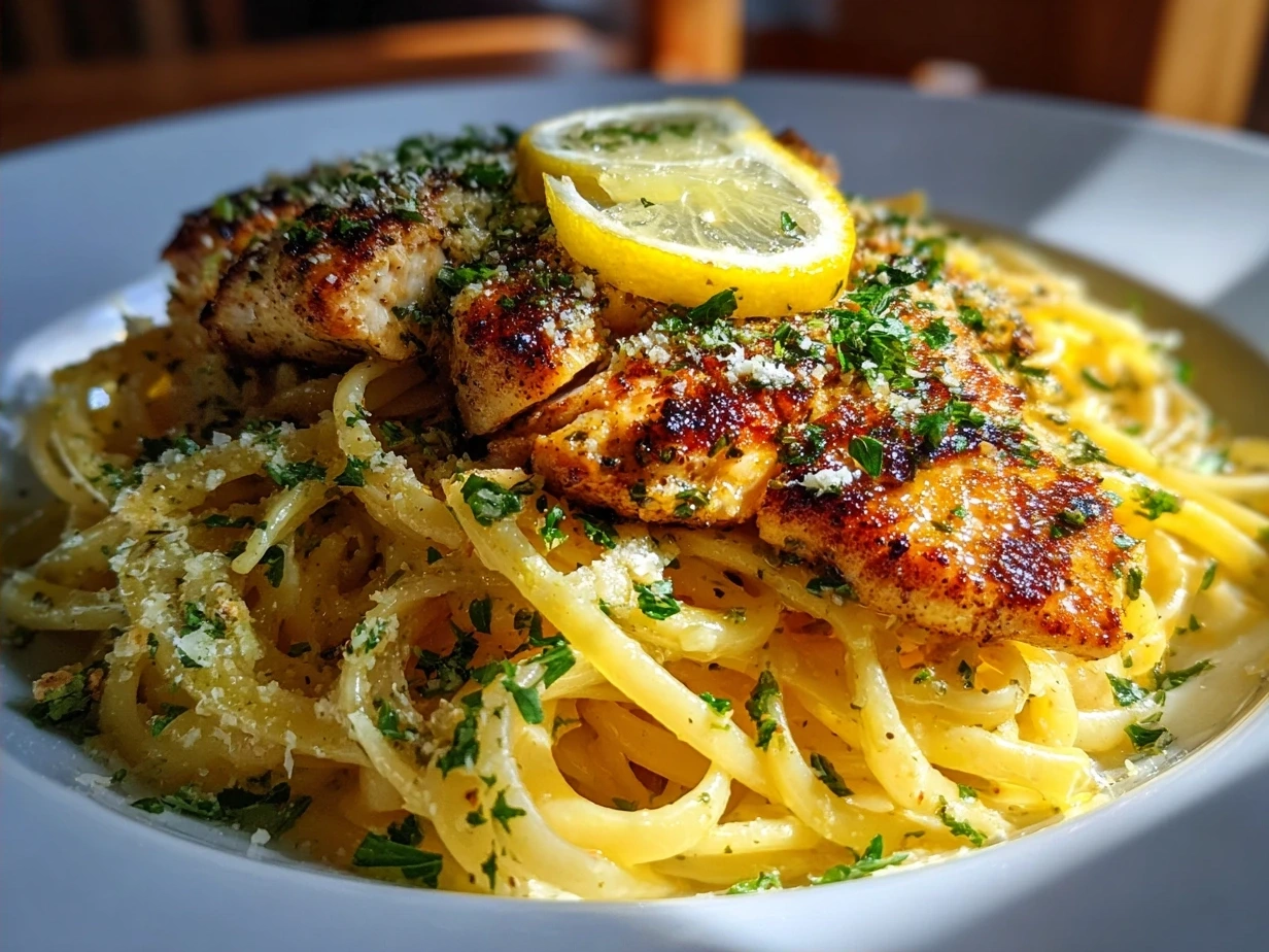 Finished Chicken Piccata Pasta dish beautifully plated with parsley garnish