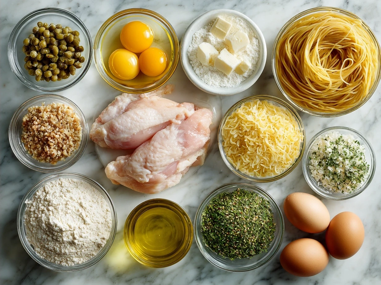 Ingredients for Chicken Piccata Pasta nicely laid out