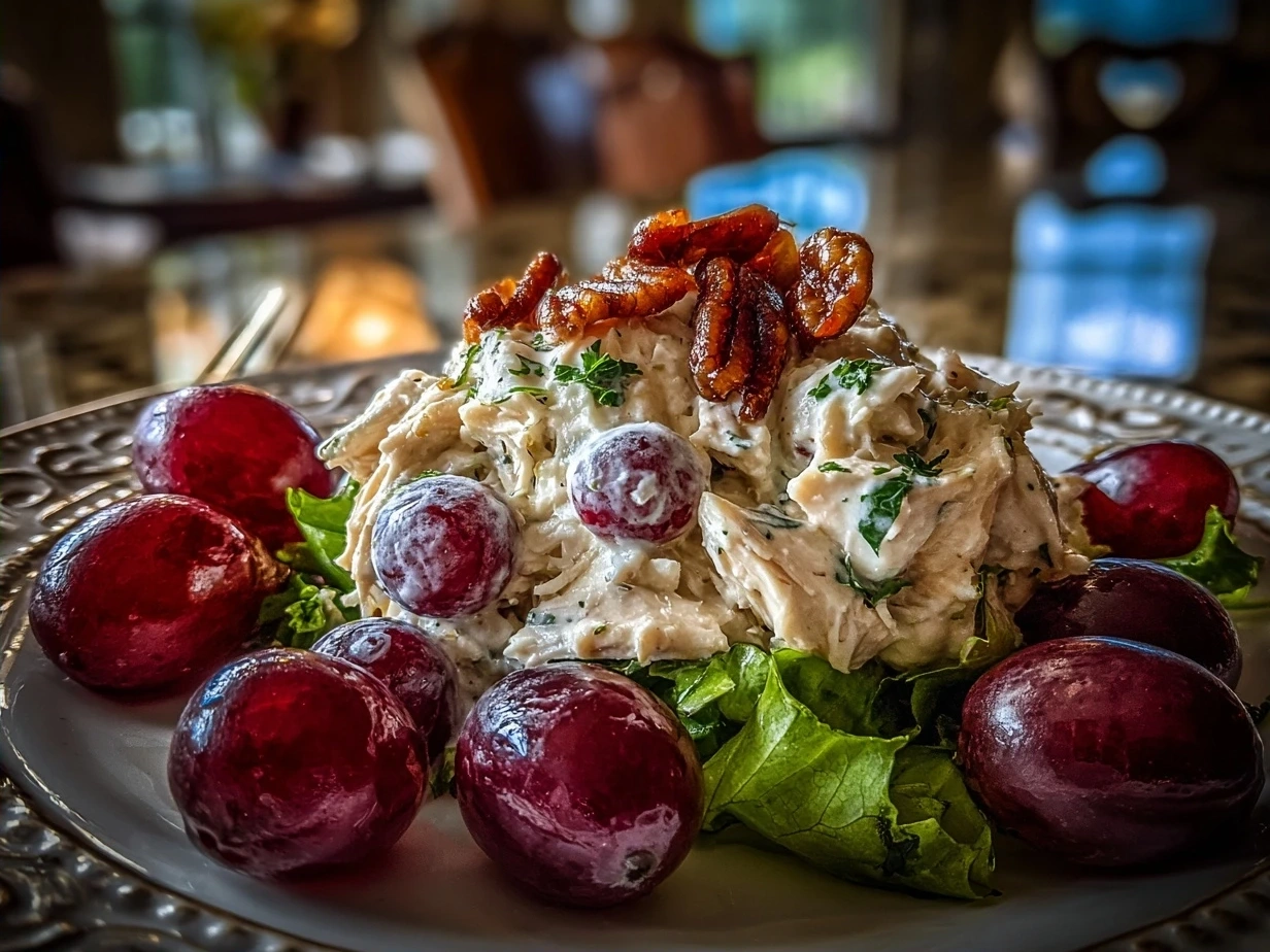 Final serving of Chicken Salad Chick Grape Salad in a glass bowl garnished with nuts and whole grapes