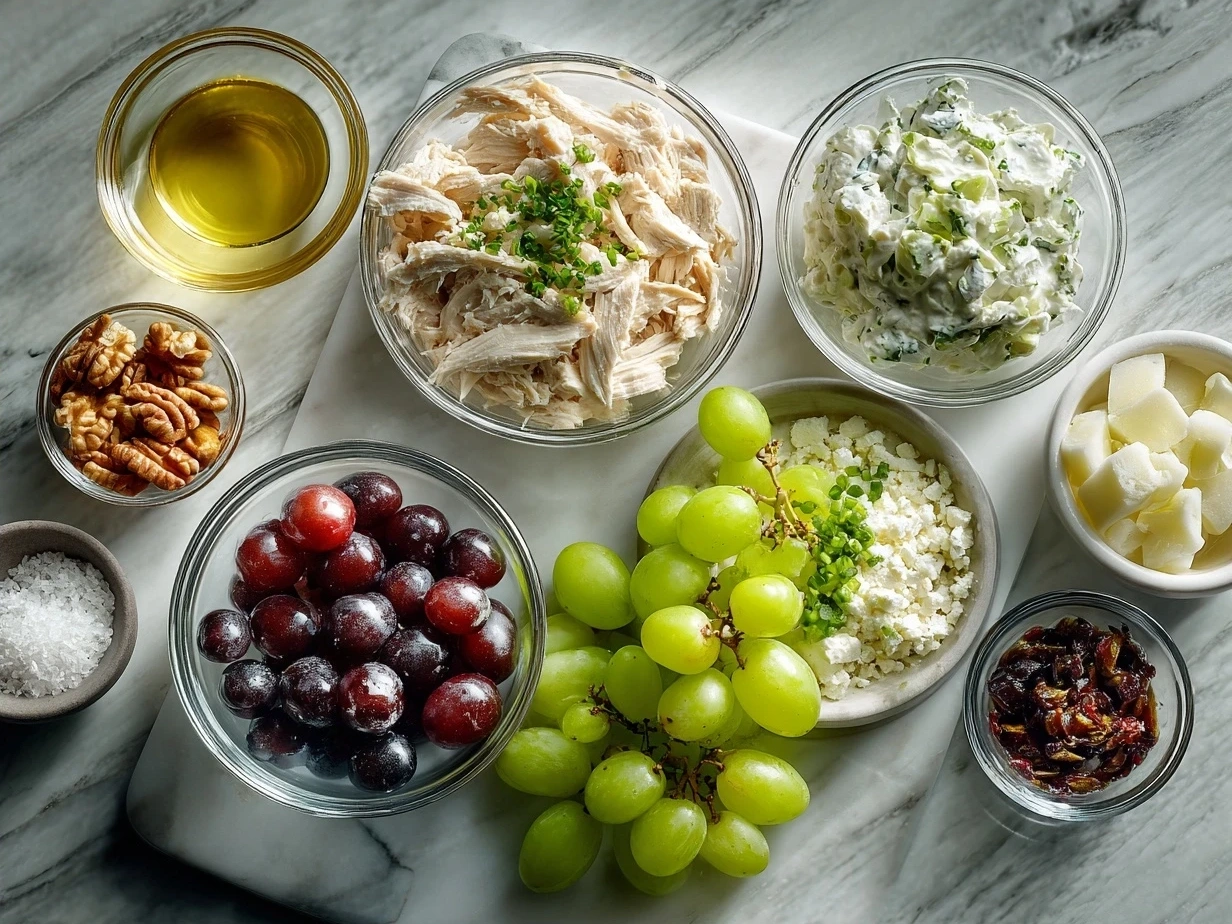 Ingredients for Chicken Salad Chick Grape Salad including grapes, cream cheese, sugar, vanilla extract, and nuts