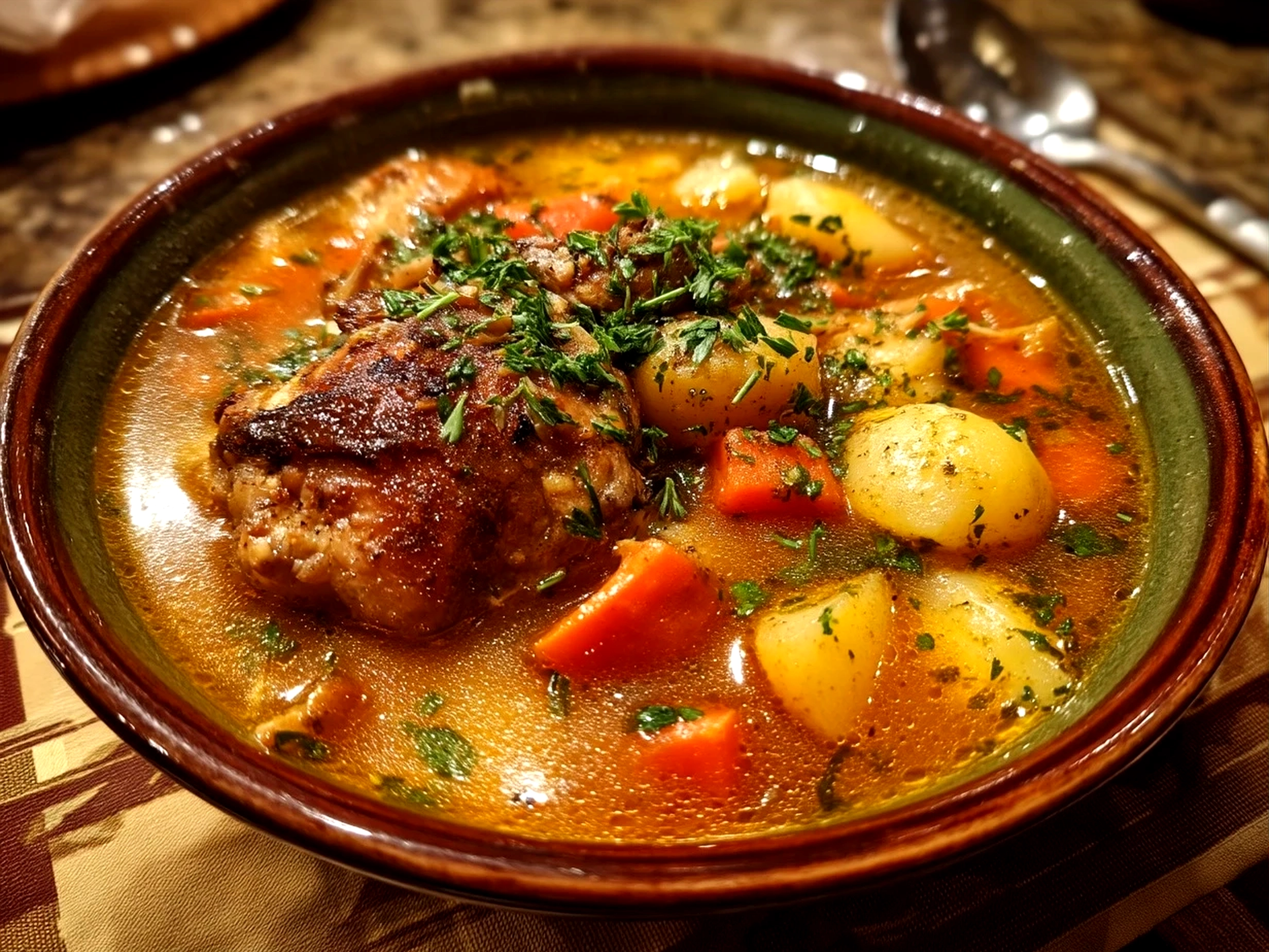 Serving bowl filled with hearty homemade chicken stew garnished with fresh parsley