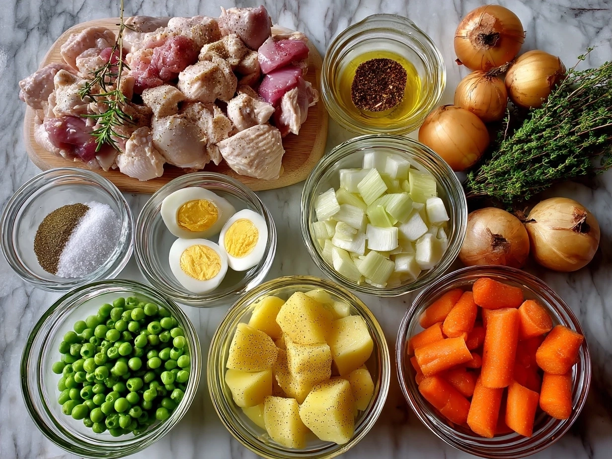Fresh ingredients for homemade chicken stew including chicken thighs, vegetables, and spices