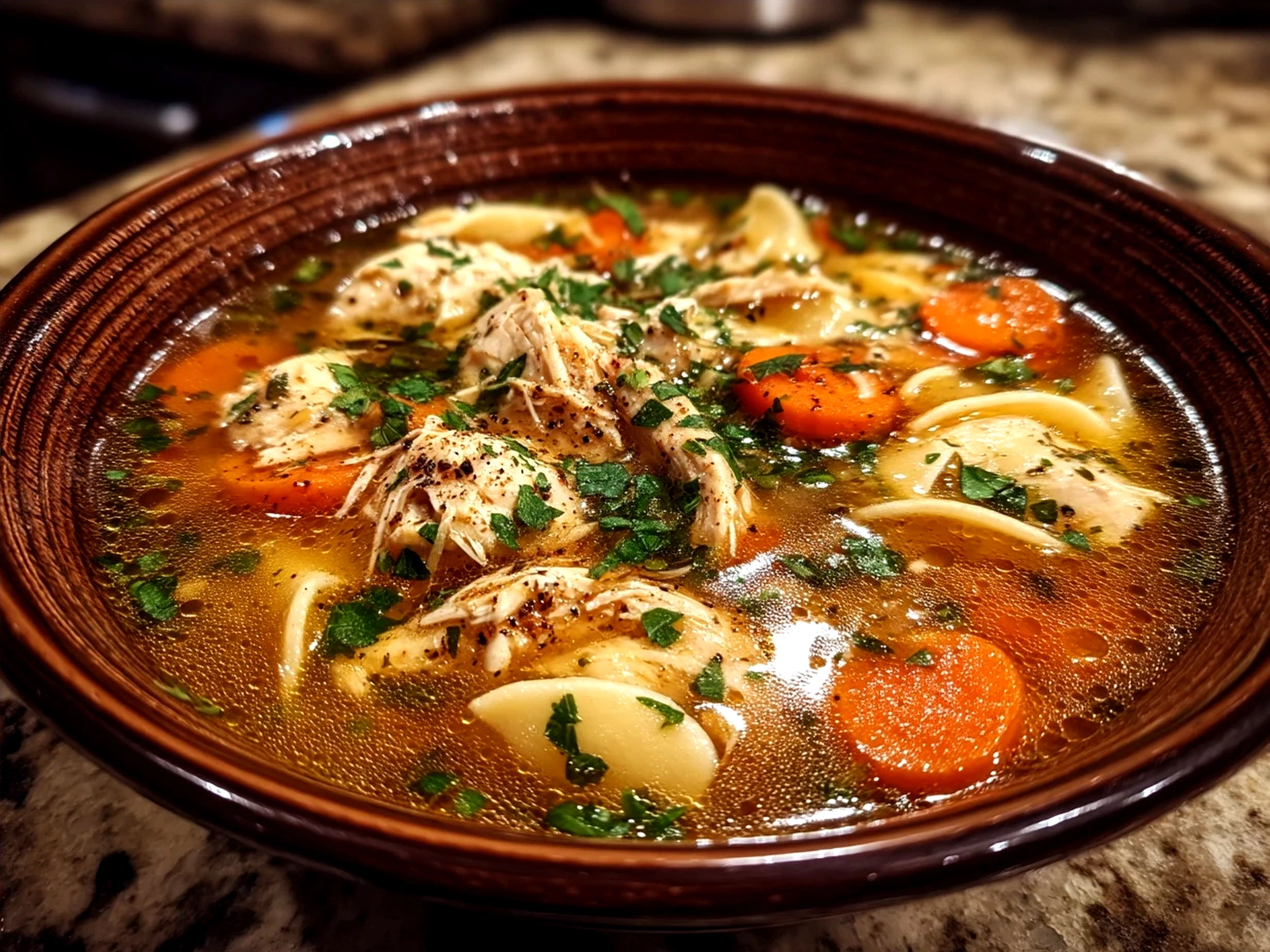 Served Chick Fil A Chicken Noodle Soup garnished with fresh parsley in a white bowl ready to enjoy.