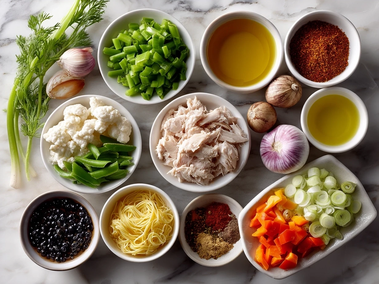 Ingredients for Chick Fil A Chicken Noodle Soup including chicken broth, shredded chicken, egg noodles, carrots, celery, onion, herbs, and butter.