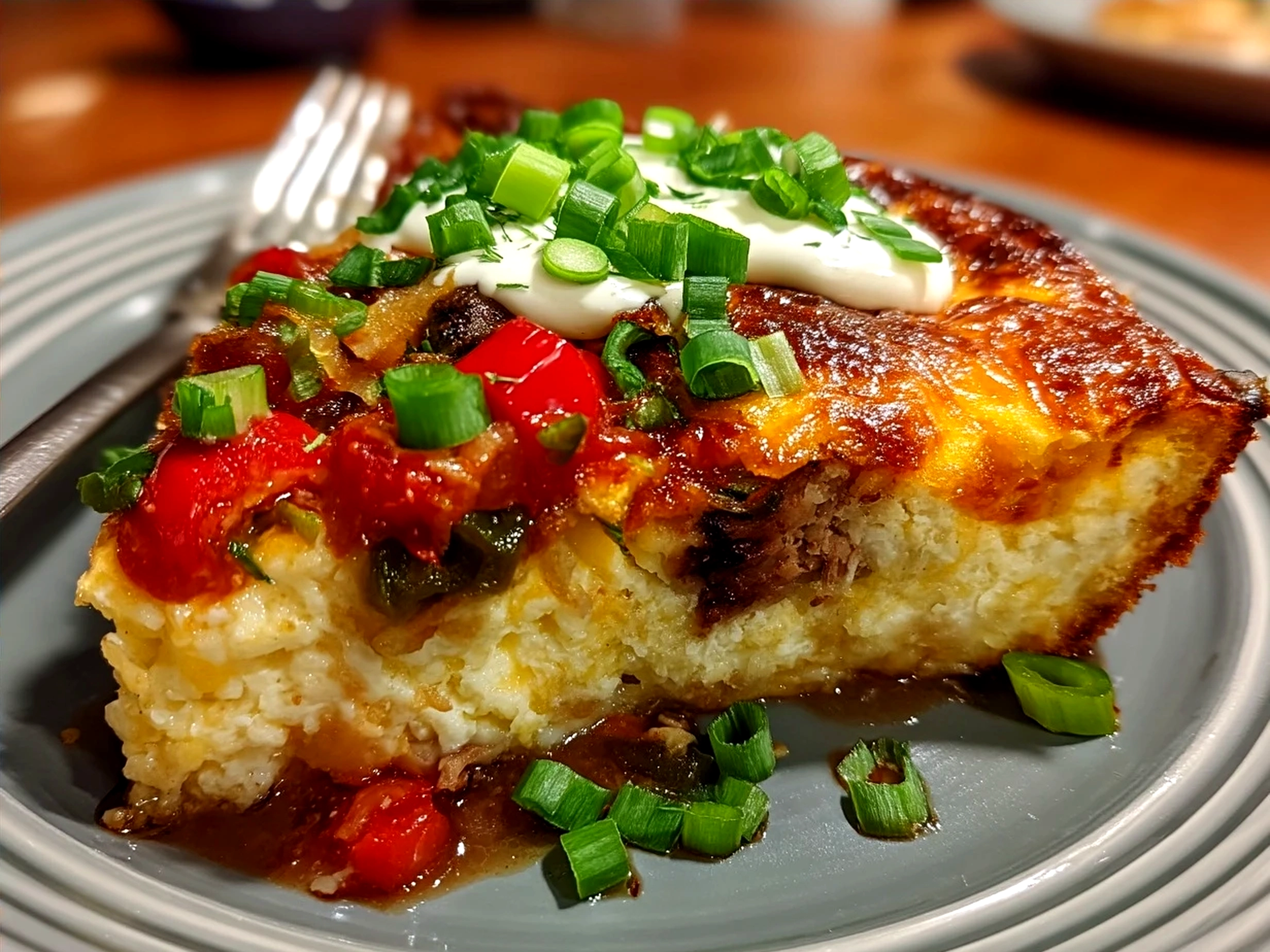 Serving platter of chile relleno casserole with toasted cheese and poblano peppers.