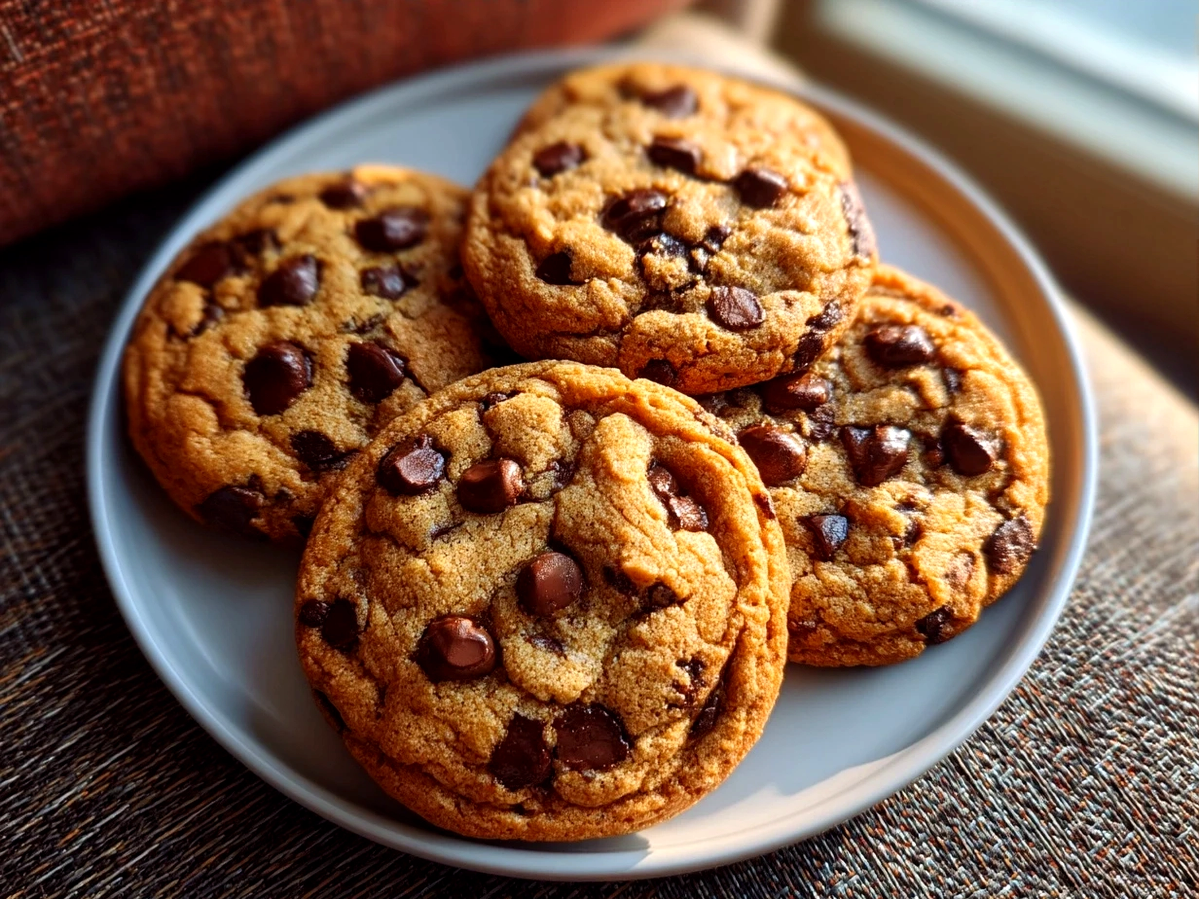 Freshly baked classic chocolate chip cookies served on a plate