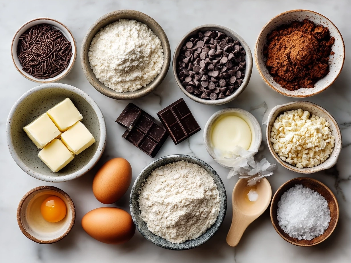 Ingredients for homemade chocolate chip cookies displayed on a kitchen counter