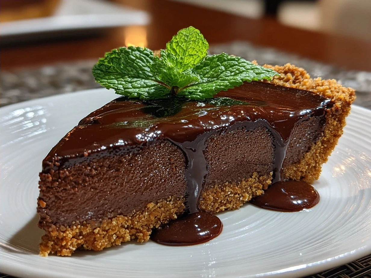 Delicious finished Chocolate Mint Pie decorated with fresh mint leaves