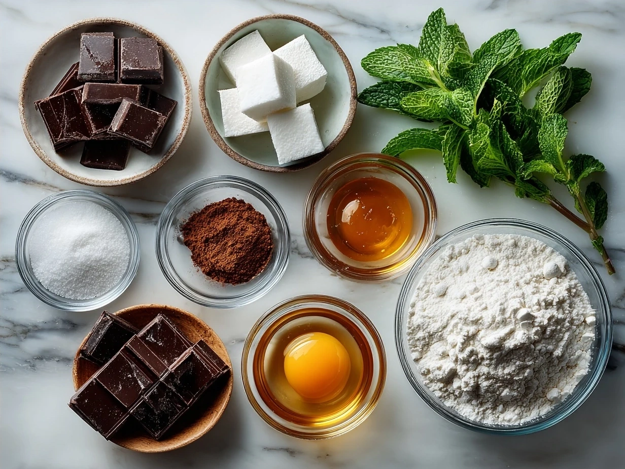 Ingredients for Chocolate Mint Pie including chocolate cookie crumbs, butter, cream, milk, chocolate, powdered sugar, peppermint extract, fresh mint, and salt