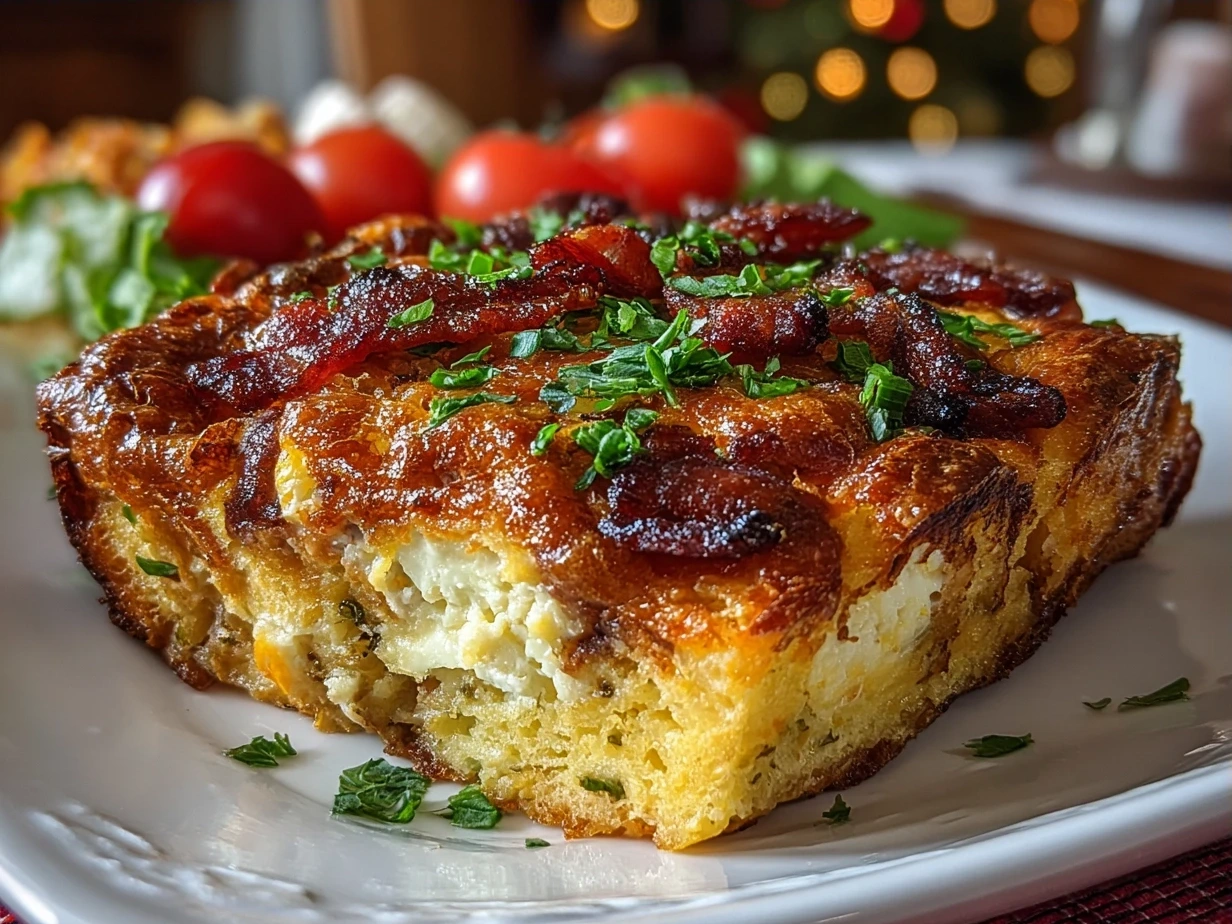 Freshly baked Christmas Breakfast Casserole ready to serve garnished with parsley