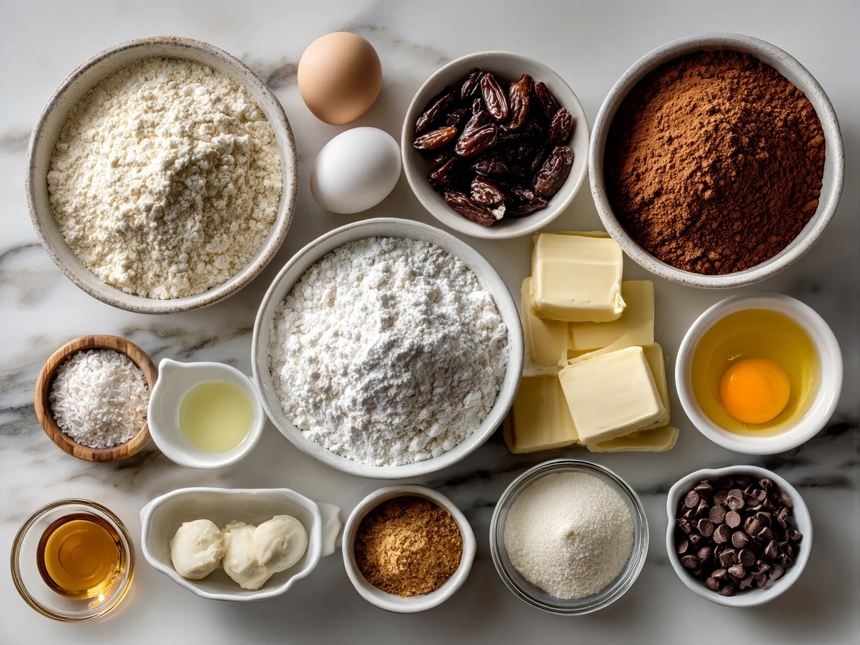 Ingredients for Christmas Cookie Lasagna including cream cheese, cookies, peppermint and chocolate chips