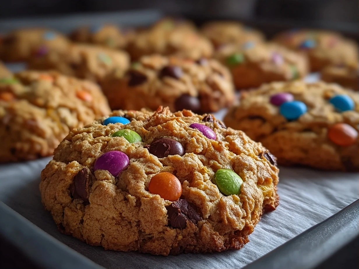 Close-up finished flourless monster cookies showing chewy texture and colorful candies