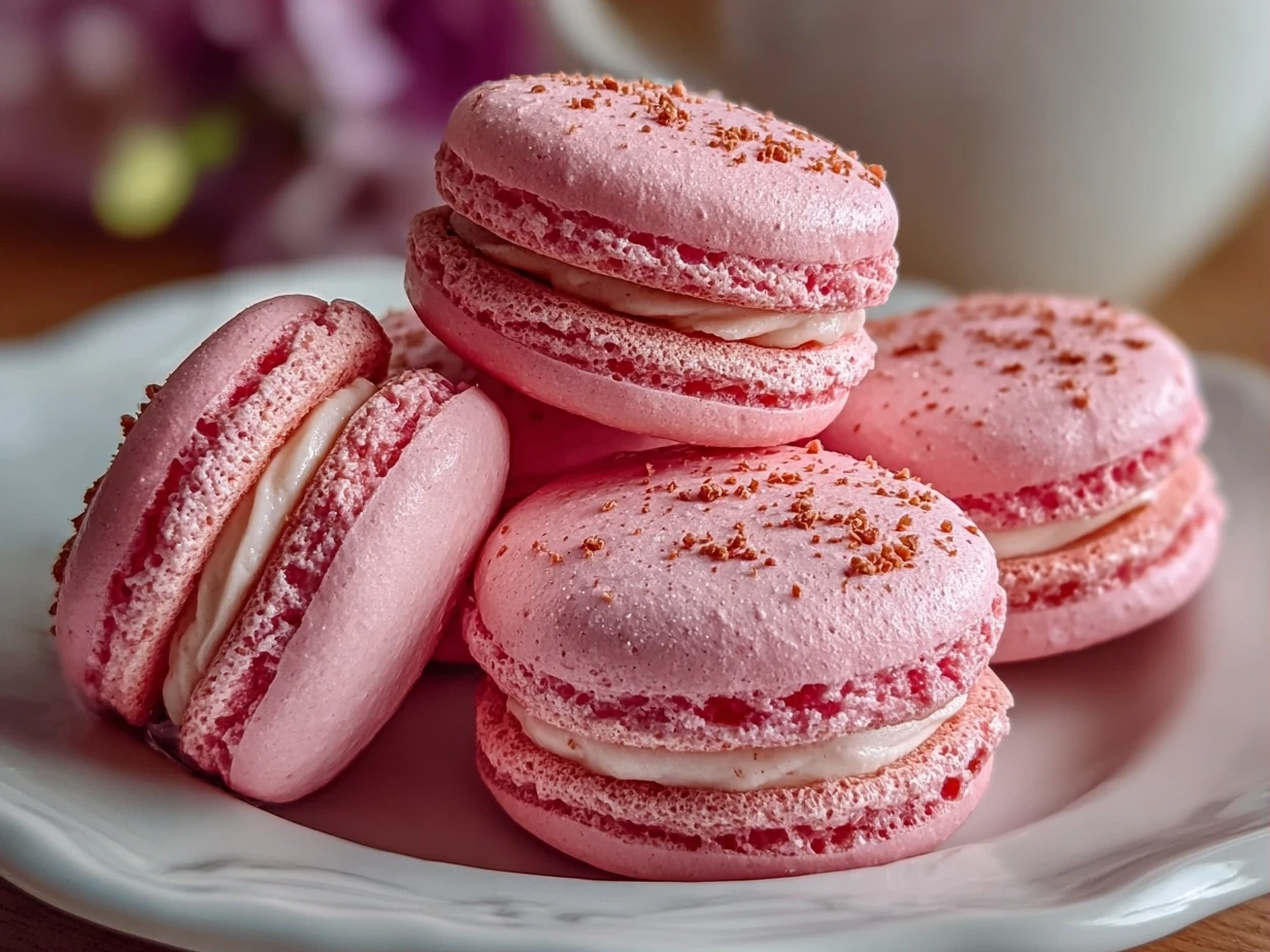 Close-up of finished pink macarons with delicate crust and creamy filling