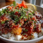 Close-up honey sriracha chicken rice bowl