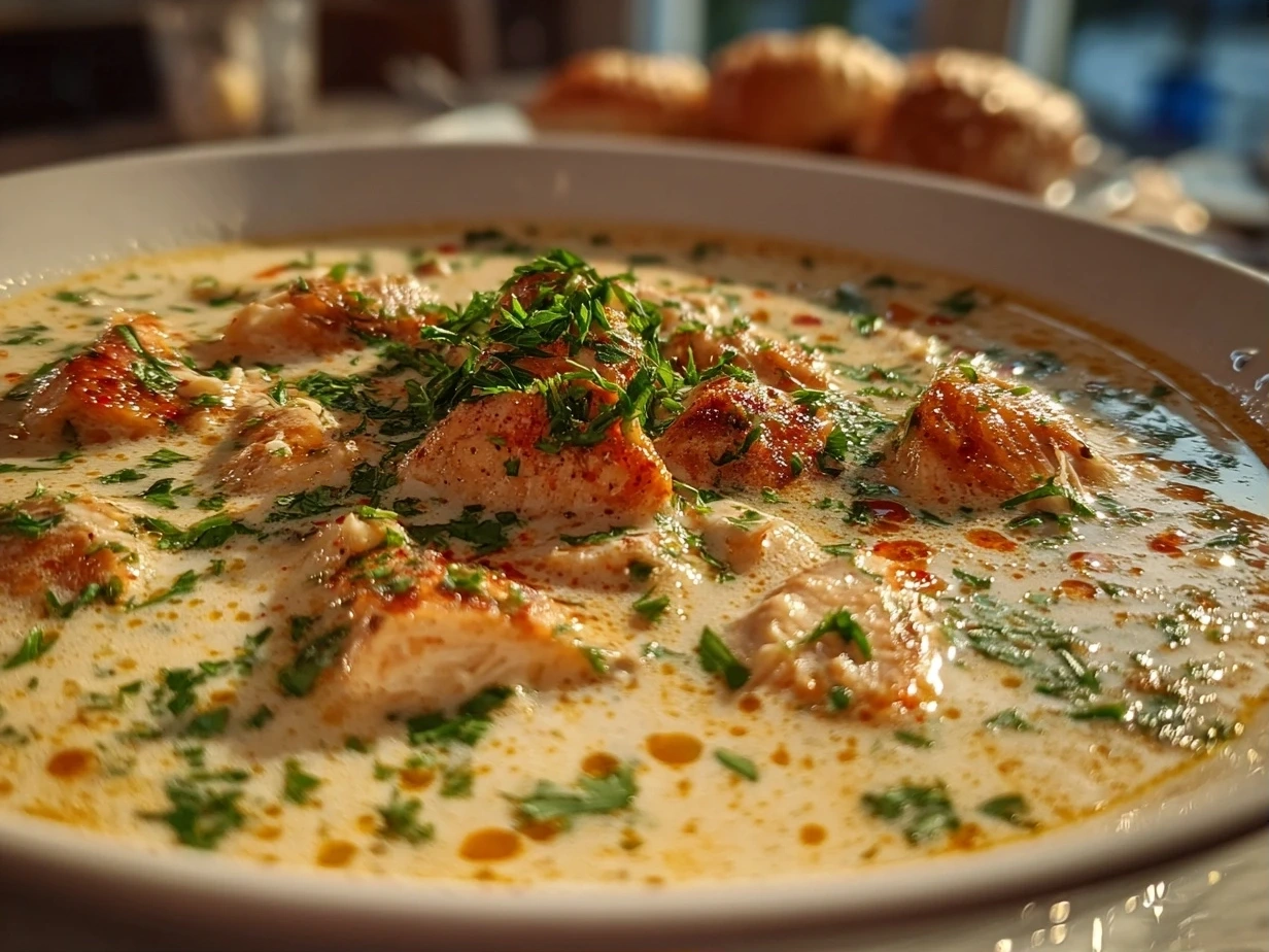 A close-up of a bowl of Chicken Alfredo Soup, garnished with parsley.