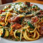 Close-up of delicious Sausage and Courgette Pasta