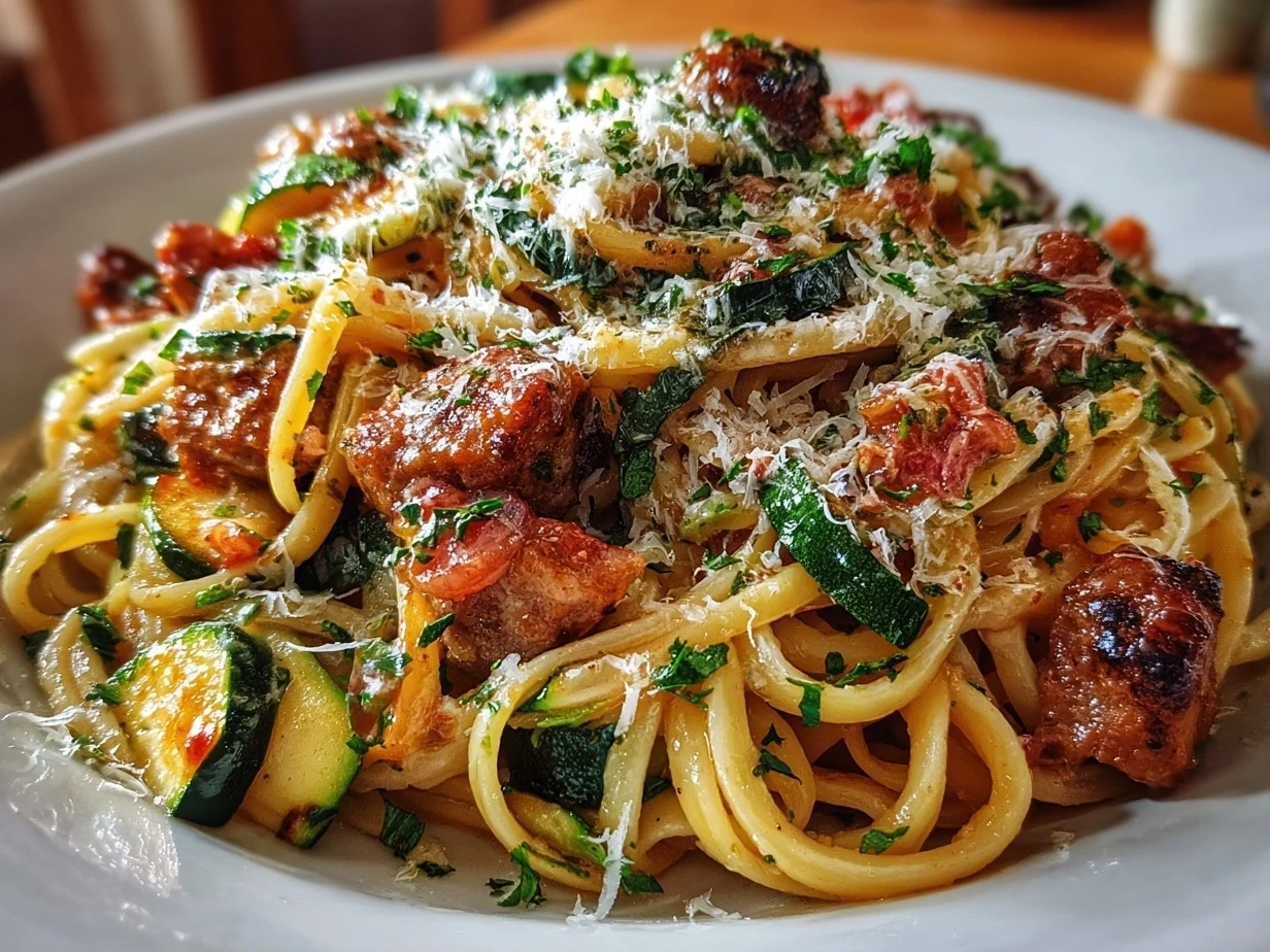 Close-up of delicious Sausage and Courgette Pasta