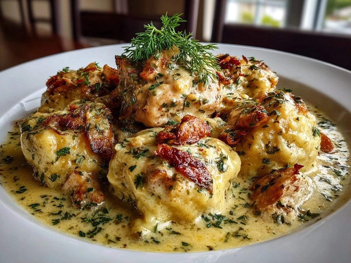 A close-up shot of Chicken and Dumplings, showcasing the creamy broth, tender chicken, and fluffy dumplings, capturing the essence of a comforting and delicious homemade meal.