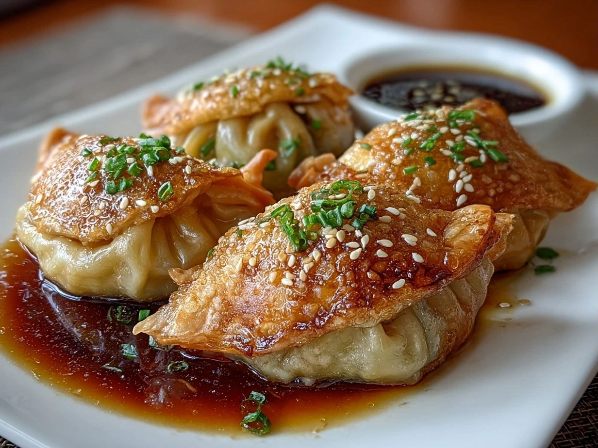 Close-up of a bowl of finished Potsticker Soup garnished with green onions.