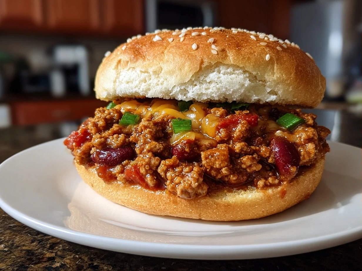 Close-up shot of finished turkey burger chili in a bowl with toppings.