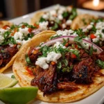 Close-up of homemade beef short rib tacos