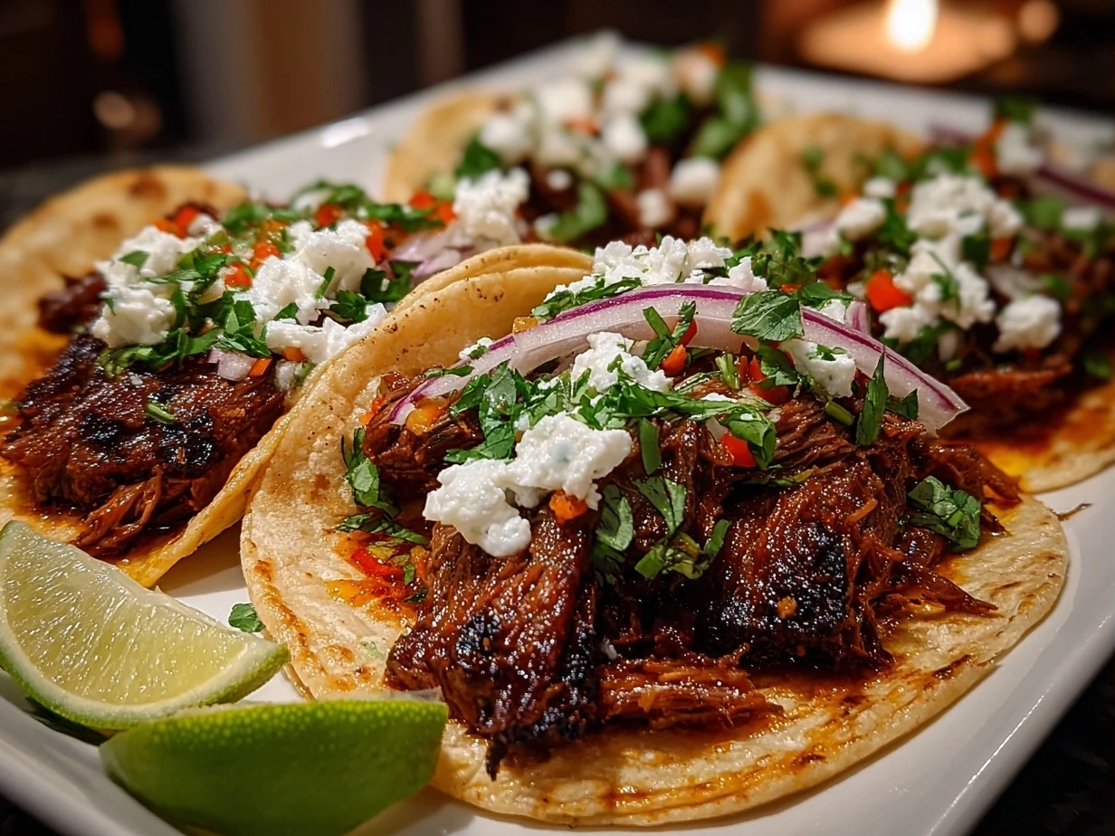 Close-up of homemade beef short rib tacos