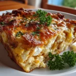 Close-up of homemade cheesy breakfast casserole