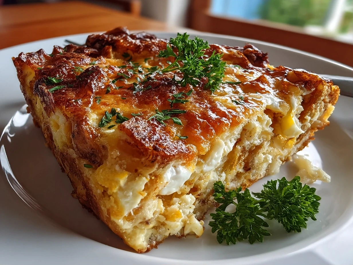 Close-up of homemade cheesy breakfast casserole