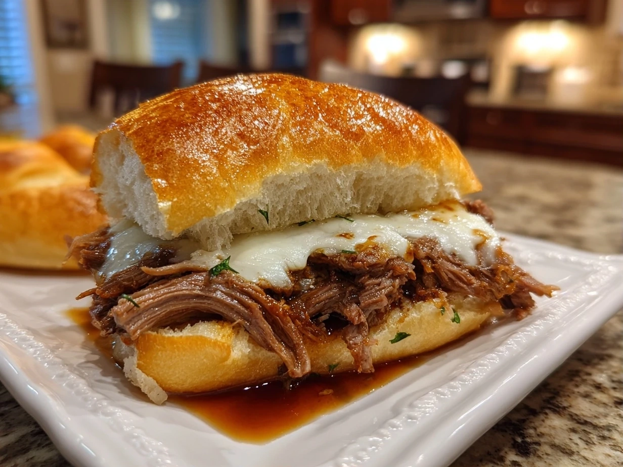 Close-up of homemade Crockpot French Dip Sandwich on white plate