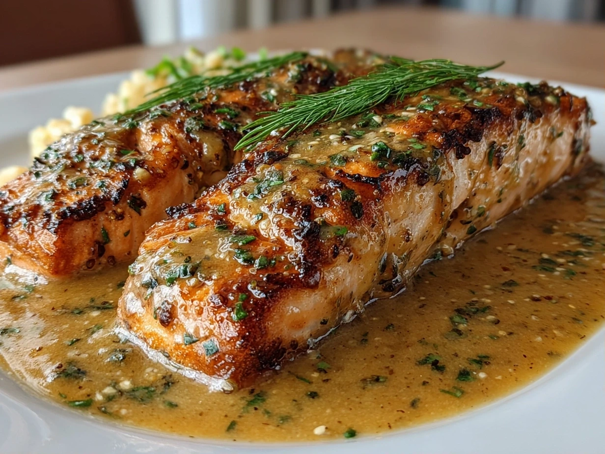 Close-up of homemade Tahini Honey Poached Salmon