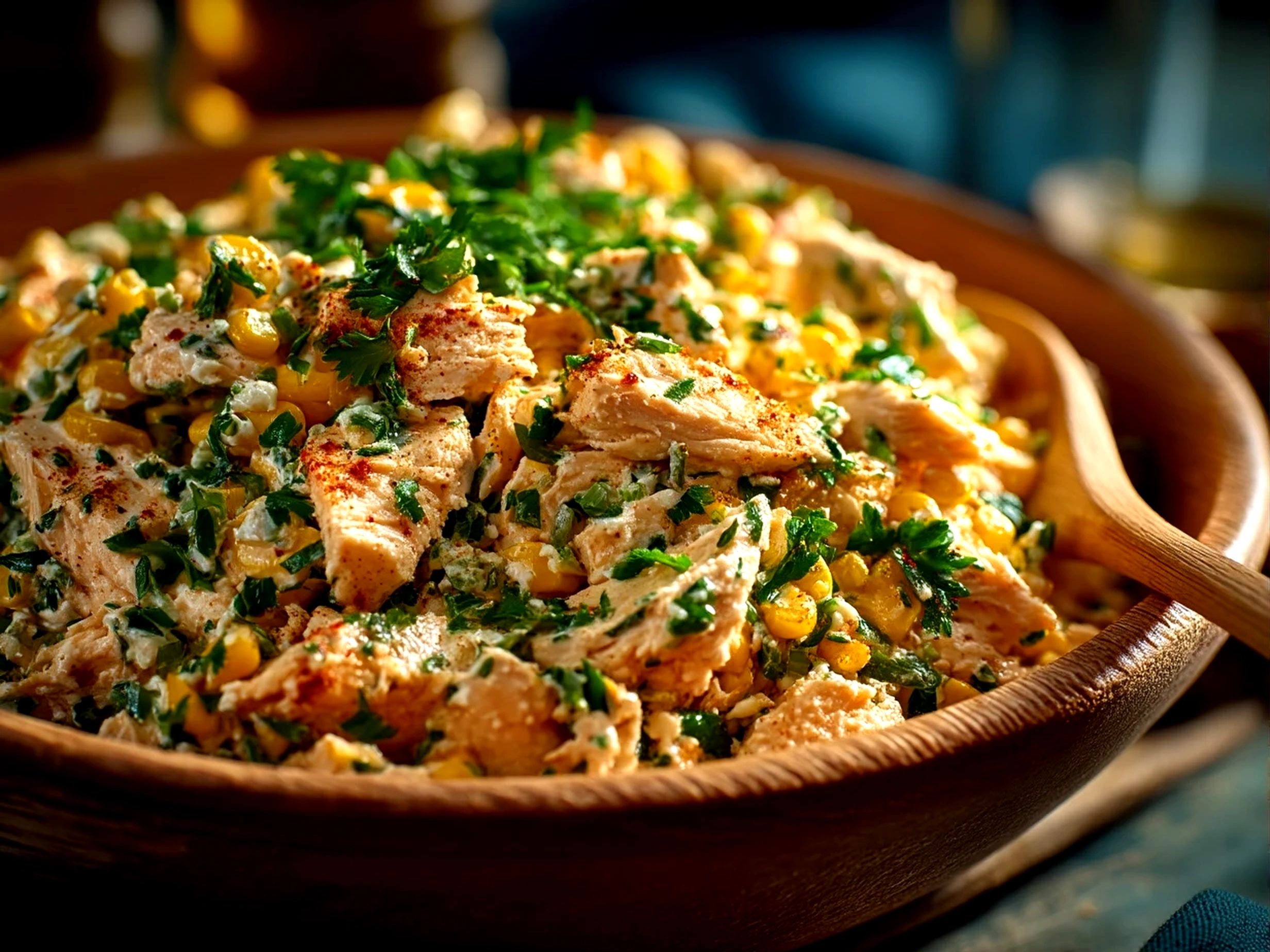 Close-up of Mexican Street Corn Chicken Salad showing rich textures of grilled chicken, charred corn, and creamy dressing