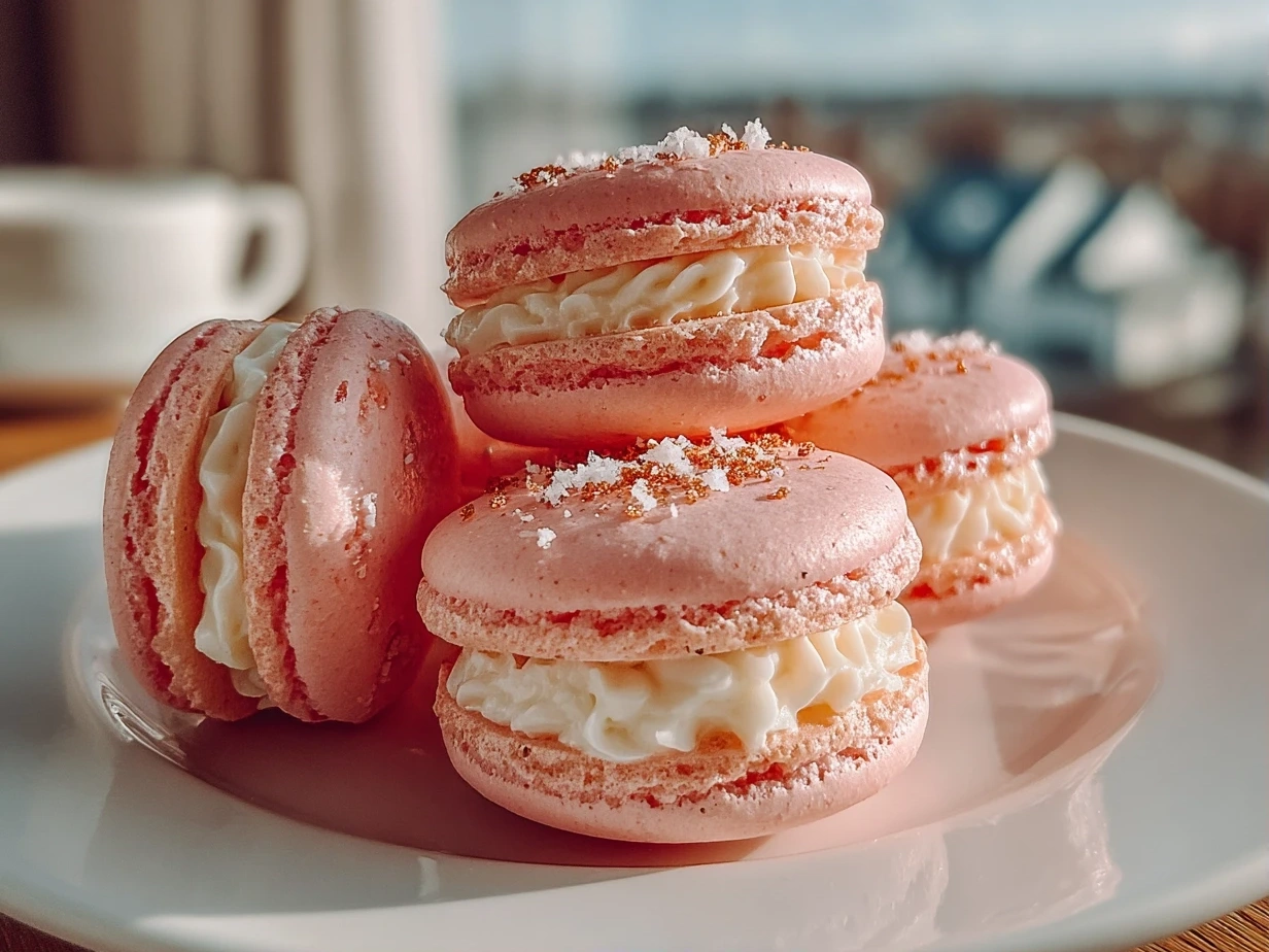 Close-up of pink macarons on white plate