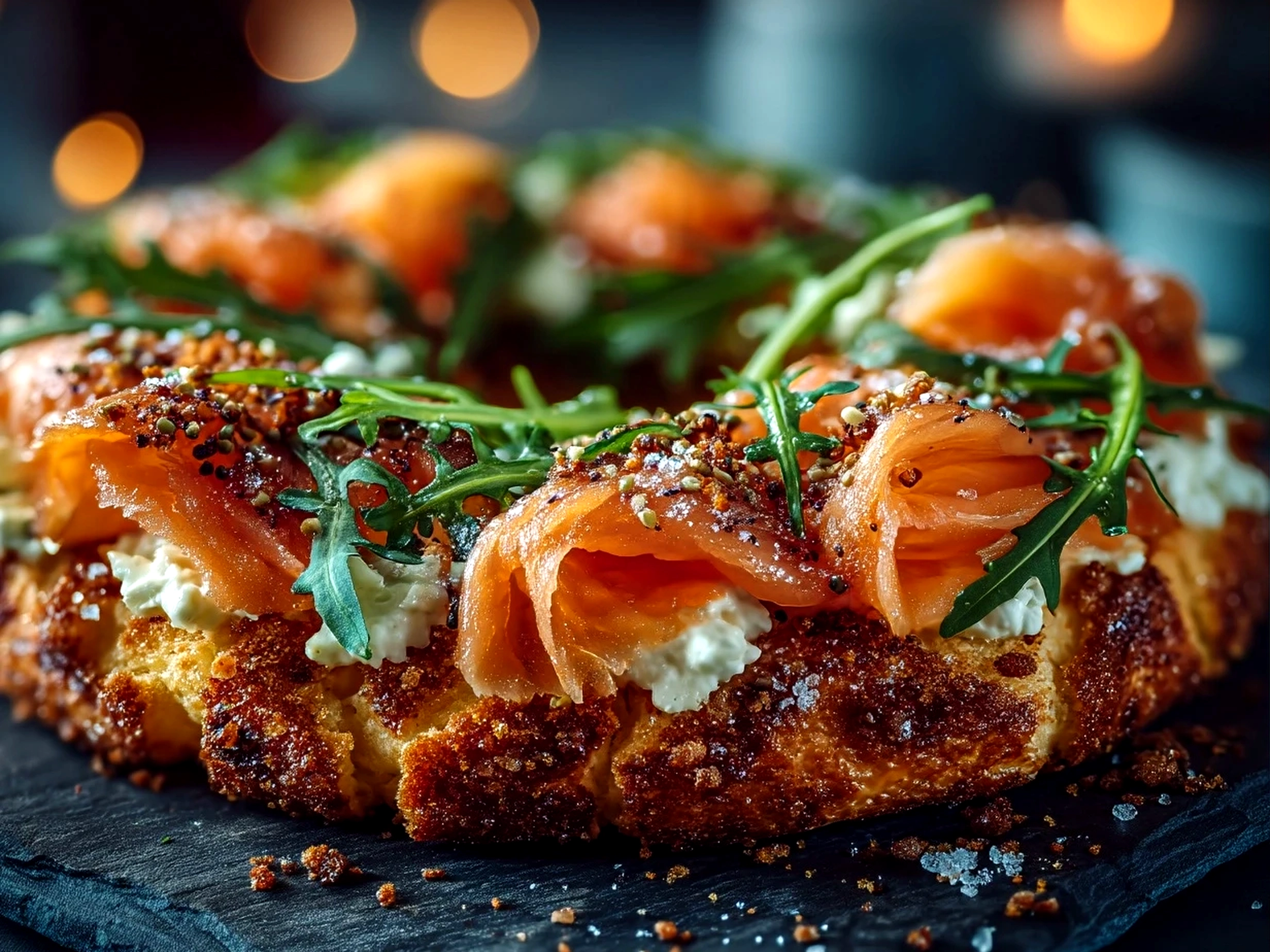 Close up of ready Christmas Smoked Salmon Bruschetta Wreath arranged in a festive circular platter