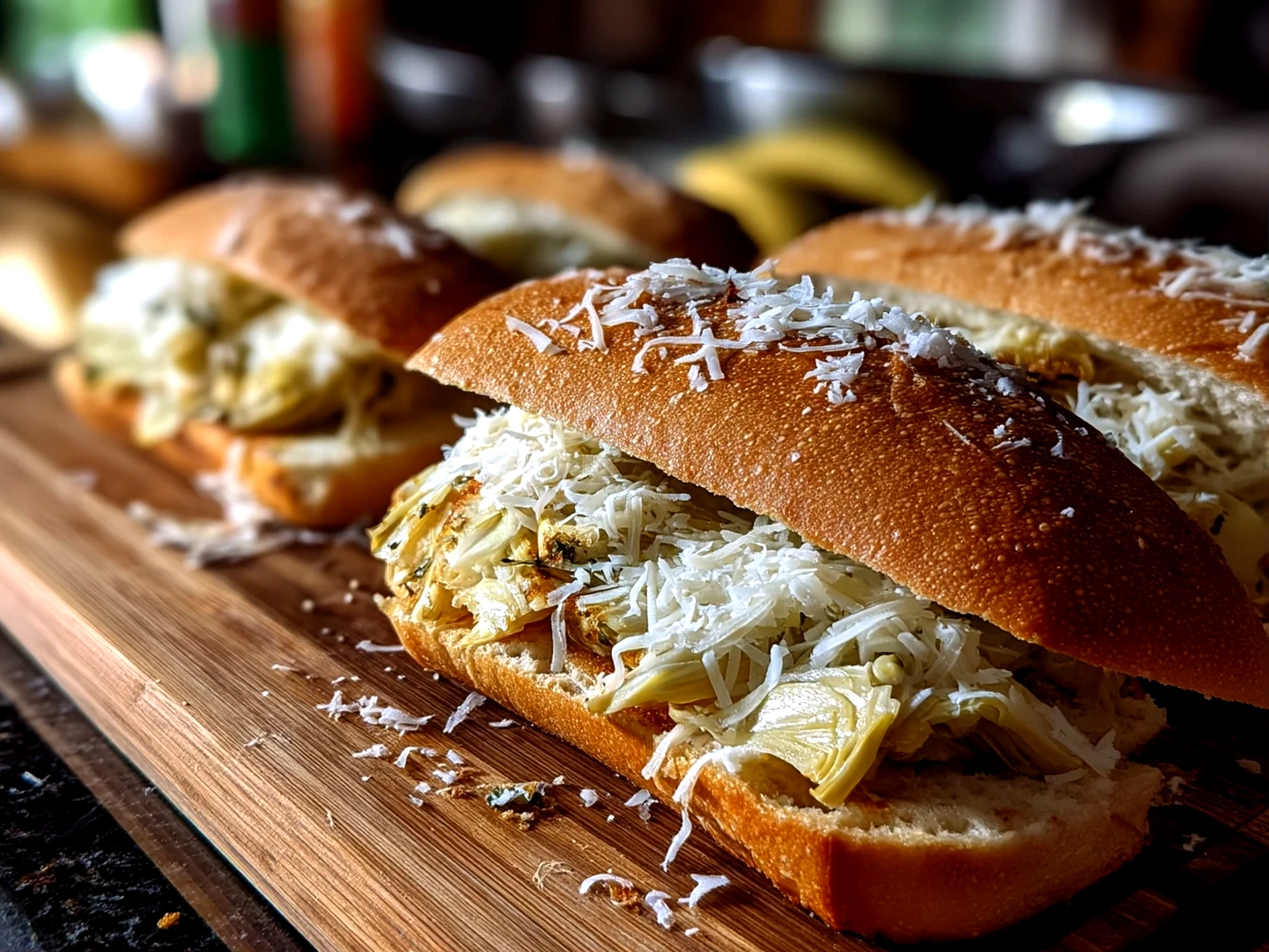 Close up of ready to eat grilled artichoke sandwich showcasing creamy interior and toasted bread
