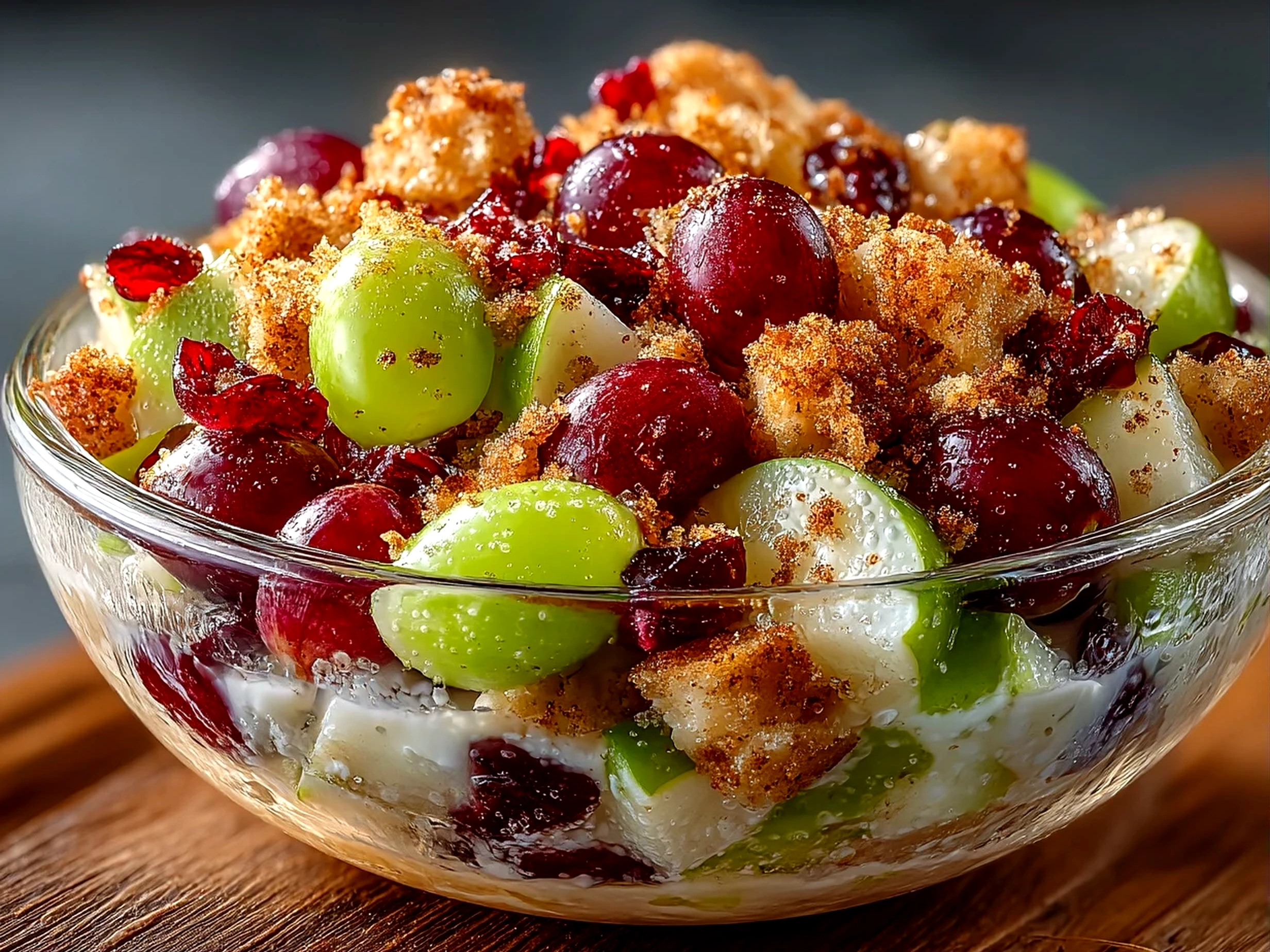 Close-up of ready-to-eat Cinnamon Apple Grape Salad, showing vibrant fruit and creamy cinnamon dressing