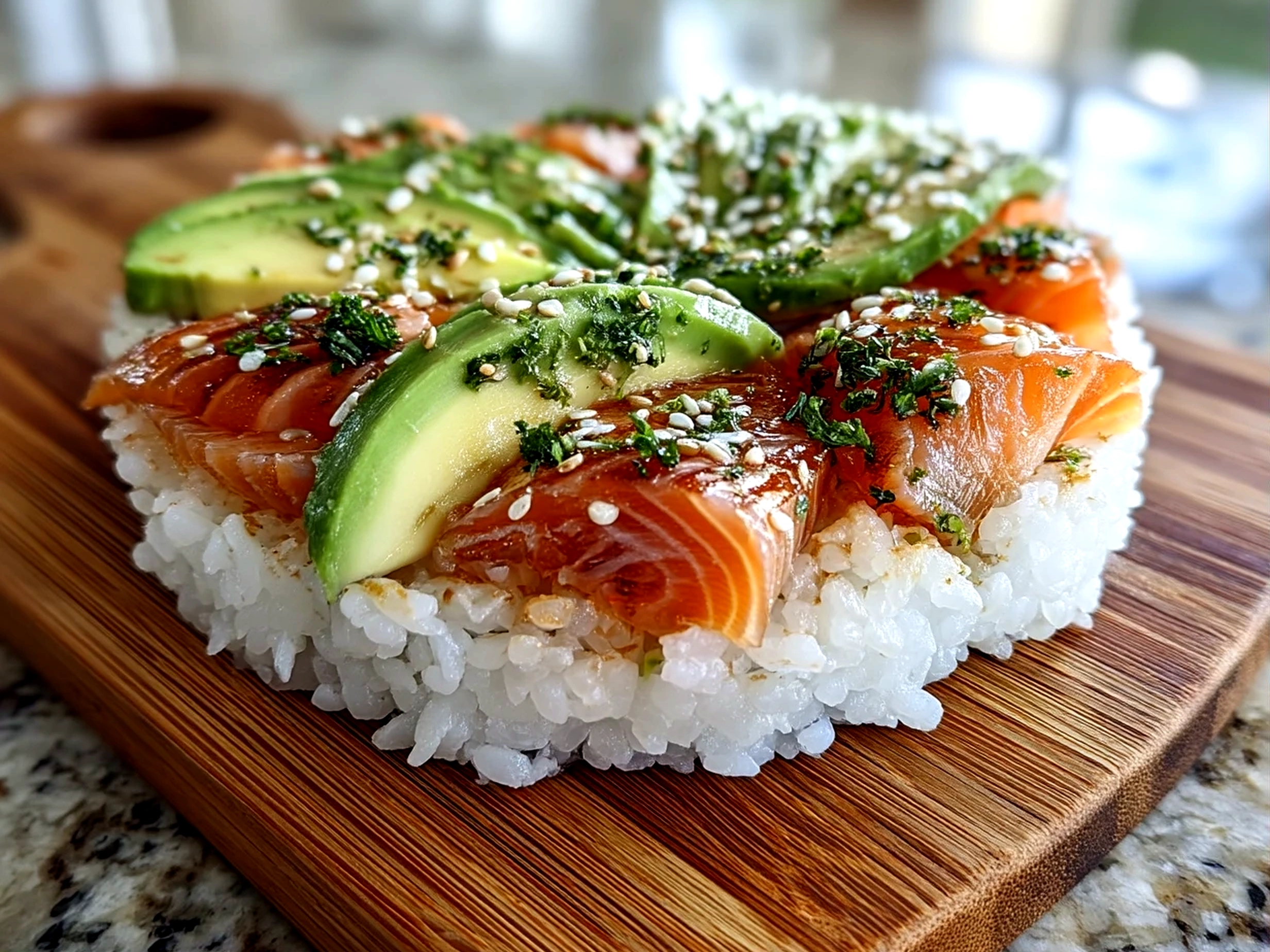 Close-up of ready to eat Rice Sushi with Smoked Salmon and Avocado