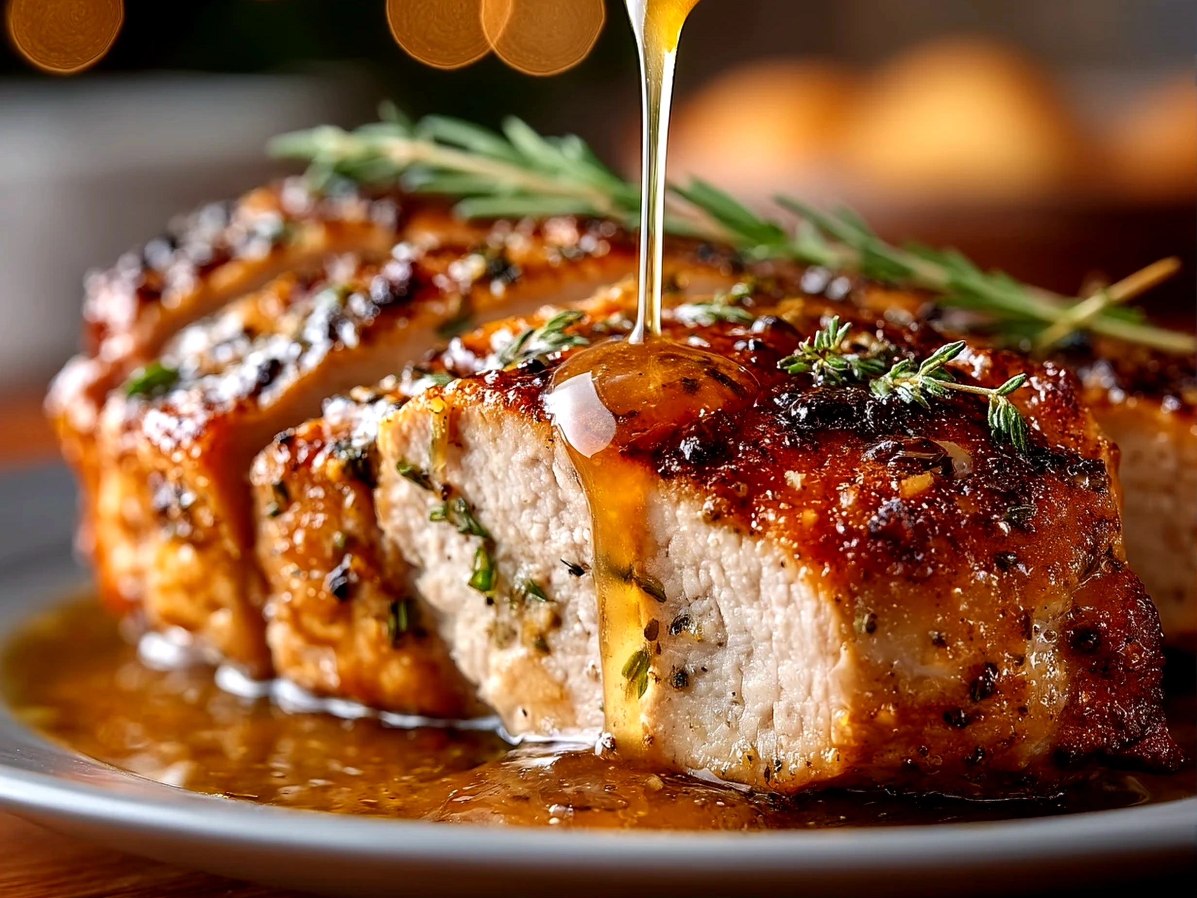 Close-up of a ready to serve Crock Pot Turkey Breast on a serving platter