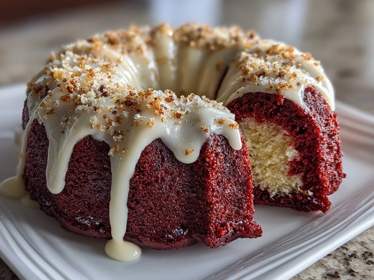 Close-up of Red Velvet Cream Cheese Bundt Cake Slice