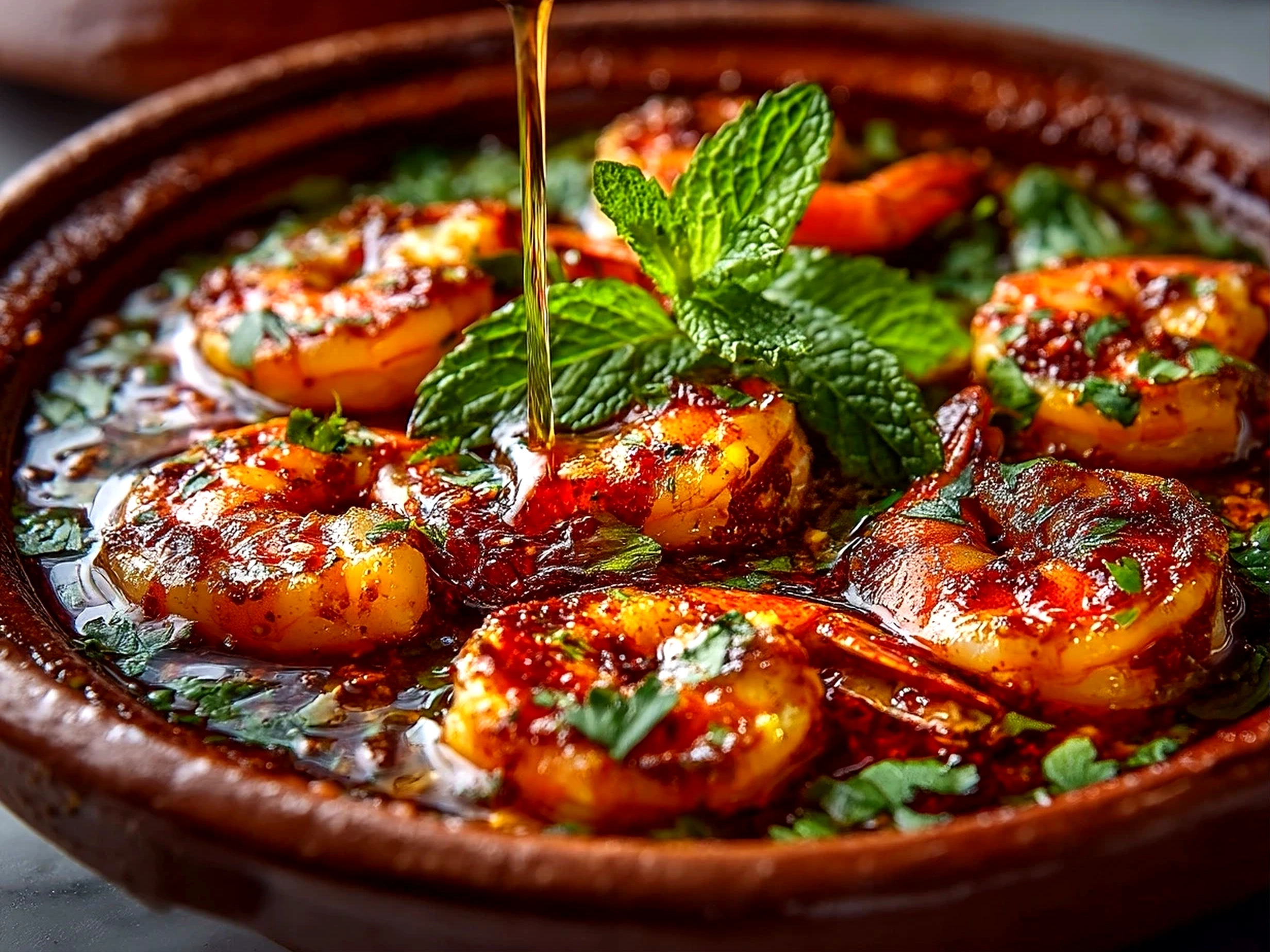 Close-up of spicy Moroccan shrimp tagine