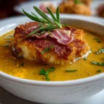 Close-up shot of a bowl of Chicken Cordon Bleu Soup