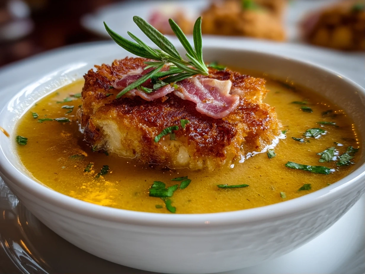 Close-up shot of a bowl of Chicken Cordon Bleu Soup