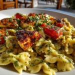 Close-up slight angle of delicious TikTok Baked Feta Pasta with Pesto on white plate
