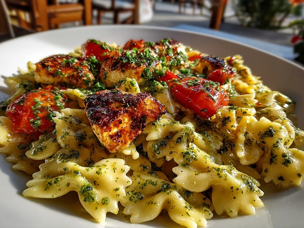 Close-up slight angle of delicious TikTok Baked Feta Pasta with Pesto on white plate