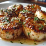 Close-up slight angle of freshly prepared Air Fryer Sea Scallops on white plate