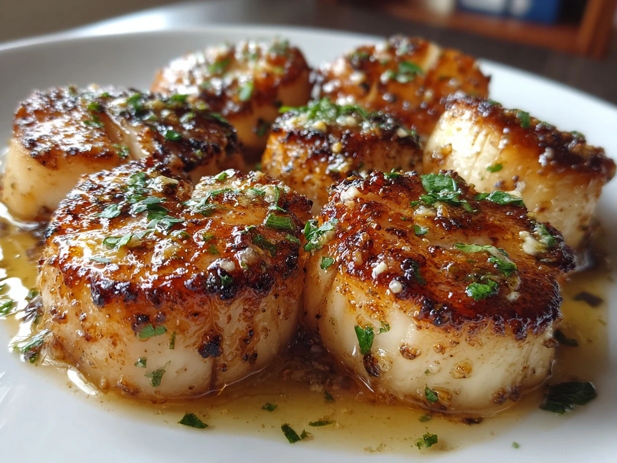 Close-up slight angle of freshly prepared Air Fryer Sea Scallops on white plate