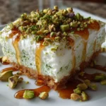 Close-up slight angle of freshly prepared Pistachio Lush Dessert on white plate