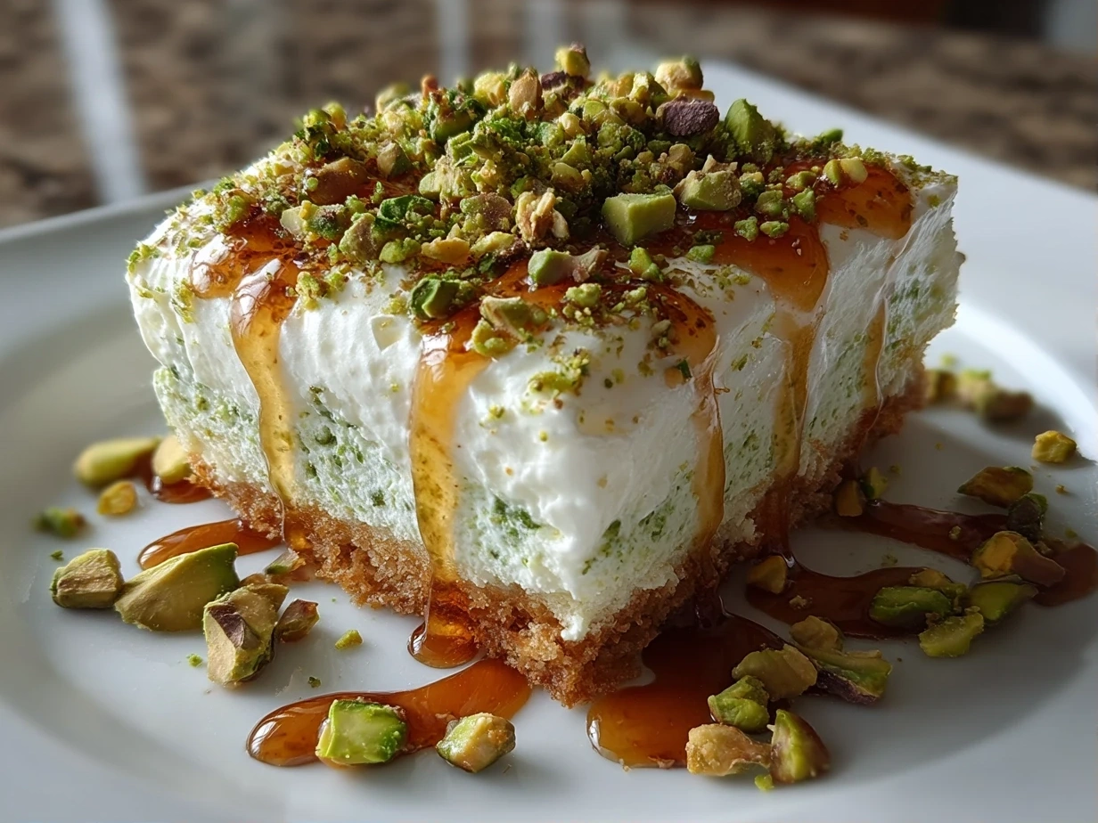 Close-up slight angle of freshly prepared Pistachio Lush Dessert on white plate