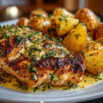 Close-up slight angle of homemade Chicken and Potatoes Dijon Sauce recipe on white plate